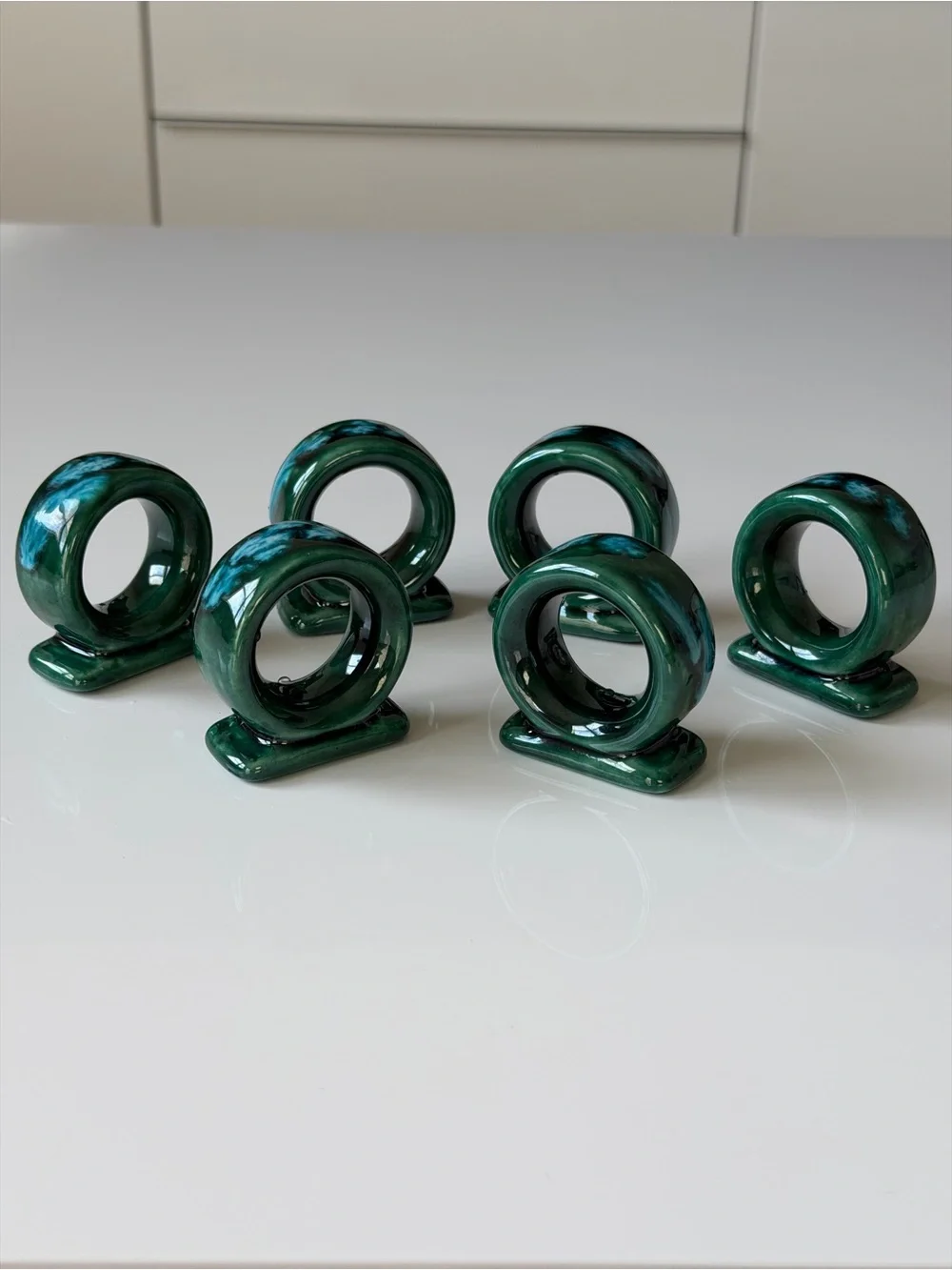 Vintage Drip Glaze Ceramic Napkin Rings - Set Of 6 Emerald & Turquoise